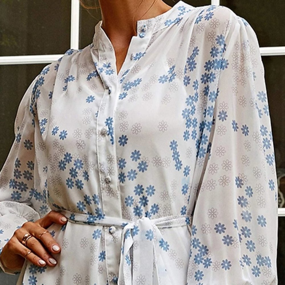 White Preppy Womens Floral Print Ruffle Hem Shirt Dress - Picture 4 of 5